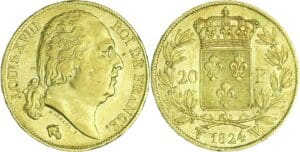 France - Louis XVIII (1815-1824) - 20 francs au buste nu 1824 W (Lille)
