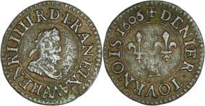 France - Henri IV (1589-1610) - Denier tournois - 1606 A (Paris) 6/5