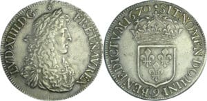 France - Louis XIV (1643-1715) - Écu au buste juvénile, 2ème type - 1670 9 (Rennes) 7/6