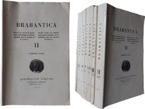 DE CACAMP, FRANÇOIS (DIR.), « Brabantica. Recueil de travaux de généalogie, d’héraldique et d’histoire familiale pour la province de Brabant », volumes II, III, VII, VIII et IX, Éditions du Genealogicum Belgicum, Bruxelles, 1957-1968. Volume II (partie 1) : 1957 ; Volume III (partie 2) : 1958 ; Volume VII (partie 1 et 2) : 1964 ; Volume VIII (partie 1 et 2) : 1966 ; Volume IX (partie 1 et 2) : 1968