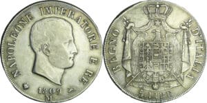 Italie - Règne d’Italie - 5 lire 2ème type - Tranche en relief - 1809 M (Milan)