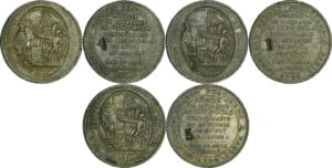 France - Constitution (1791-1792) - Monneron de 5 sols - 1792 - AN III, lot de 3 monneron poinçonnés des chiffres 1, 4 et 5
