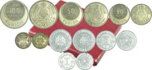 Maroc / Tunisie - Mohammed V (1927-1961) - Boitier 7 monnaies essais 100, 5, 2, 1 Maroc 1951 - 100, 50, 20 francs 1950