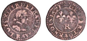 Louis XIII (1610-1643) - Denier tournois au buste enfantin et col plat - 1621 R (Villeneuve)