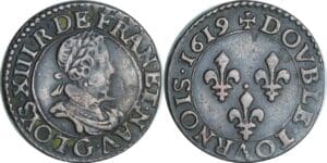 France - Louis XIII (1610-1643) - Double tournois au buste enfantin et col plat - 1619 G (Poitiers)